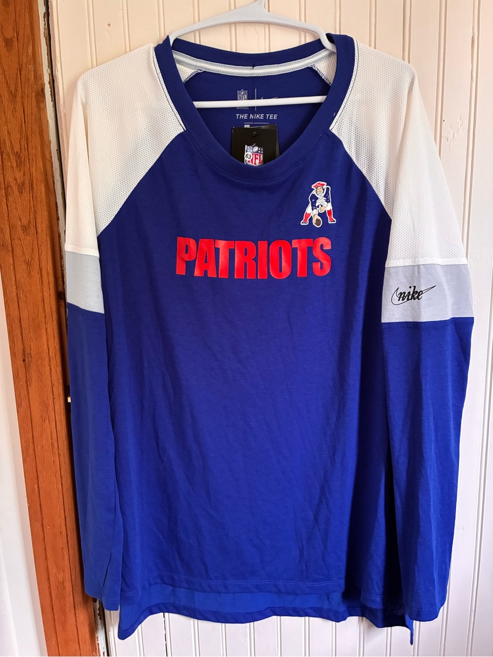 Nike Patriots Long Sleeve Crew Tee in Royal Blue and White with Red Logo